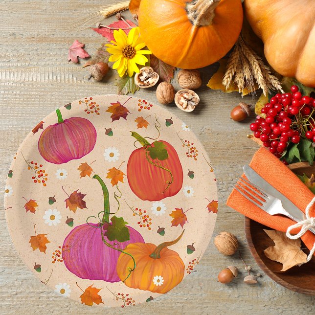 Prato De Papel Pumpkins Fall Foles (Thanksgiving Fall Pumpkins Paper Plates. In a beautiful festive pattern.)