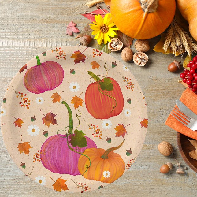 Prato De Papel Pumpkins Fall Leaves Patterno (Thanksgiving Fall Pumpkins Paper Plates. In a beautiful festive pattern.)
