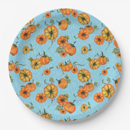 Prato De Papel Pumpkins Laranja/Azul com Aquarela