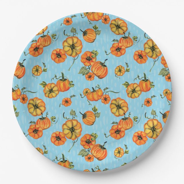 Prato De Papel Pumpkins Laranja/Azul com Aquarela (Frente)