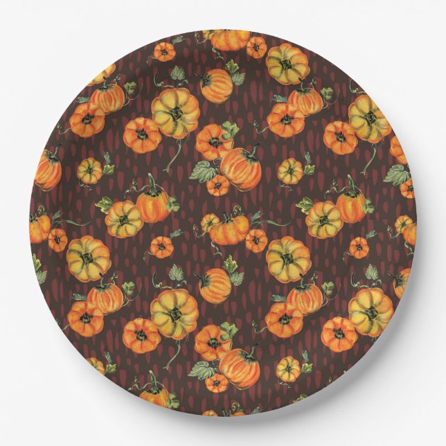 Prato De Papel Pumpkins Laranja/Preto com Aquarela (Frente)