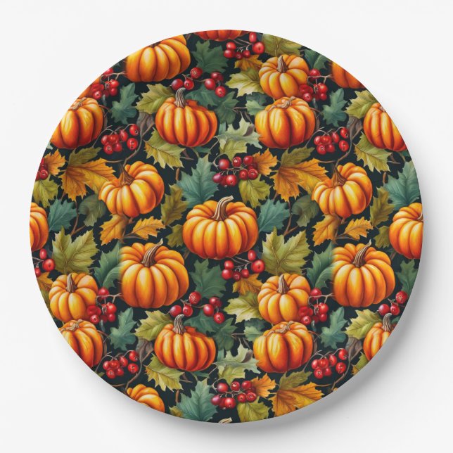 Prato De Papel Pumpkins nas Folhas com Berries (Frente)