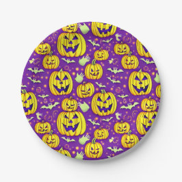 Prato De Papel Pumpkins roxo e Bats Halloween