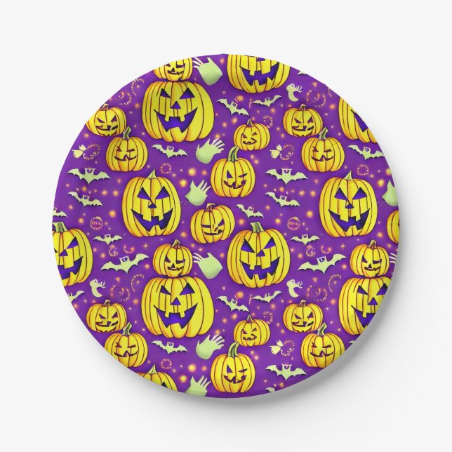 Prato De Papel Pumpkins roxo e Bats Halloween (Frente)