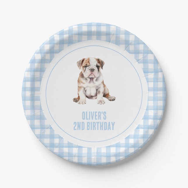 Prato De Papel Puppy bulldog preppy plaid birthday (Frente)