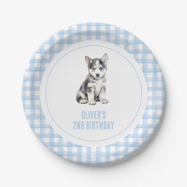 Prato De Papel Puppy preppy plaid birthday (Frente)