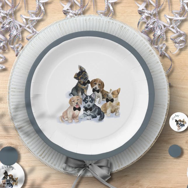 Prato De Papel Pure Puppy | Chá de fraldas de Torre Negra (Pure Puppy | Black Tie Elegant Cute Baby Shower Paper Plates)