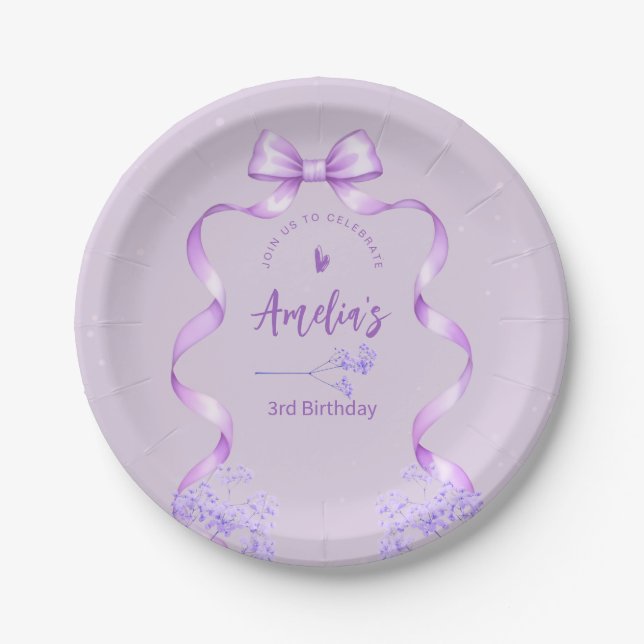Prato De Papel Purple Bow Birthday Any Age (Frente)