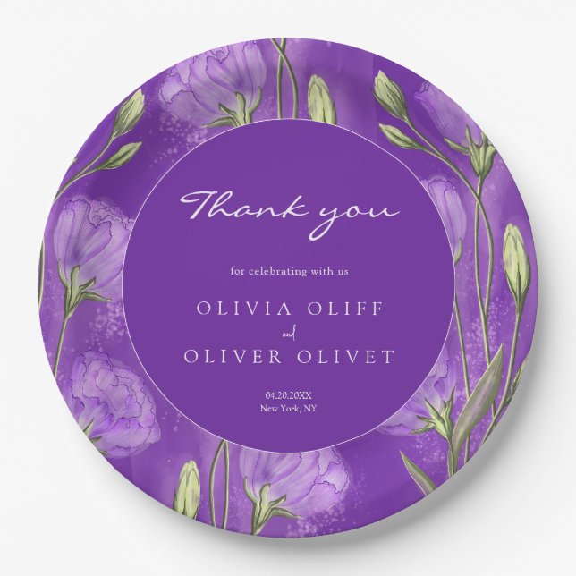 Prato De Papel Purple Eustomas Wedding Obrigado (Frente)