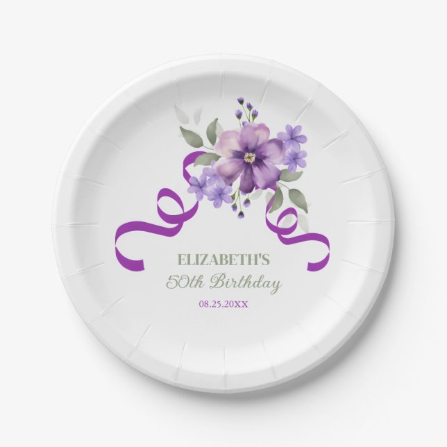 Prato De Papel Purple Flower Greenery Ribbon Birthday (Frente)