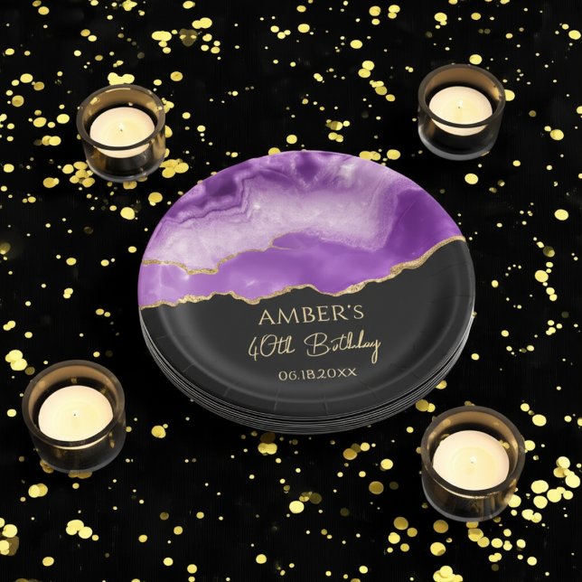 Prato De Papel Purple Gold Glitter Abstract Watercolor Marble  (Criador carregado)