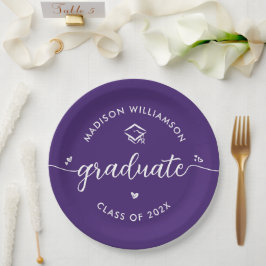 Prato De Papel Purple Graduation Script Hearts Cap Icon Modern