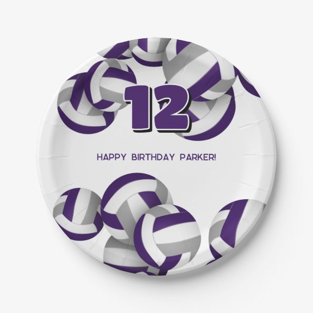 Prato De Papel purple gray volleyballs kids birthday party (Frente)