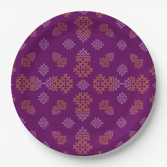 Prato De Papel Purple Minimal Tamil Kolam Pongal Design (Frente)