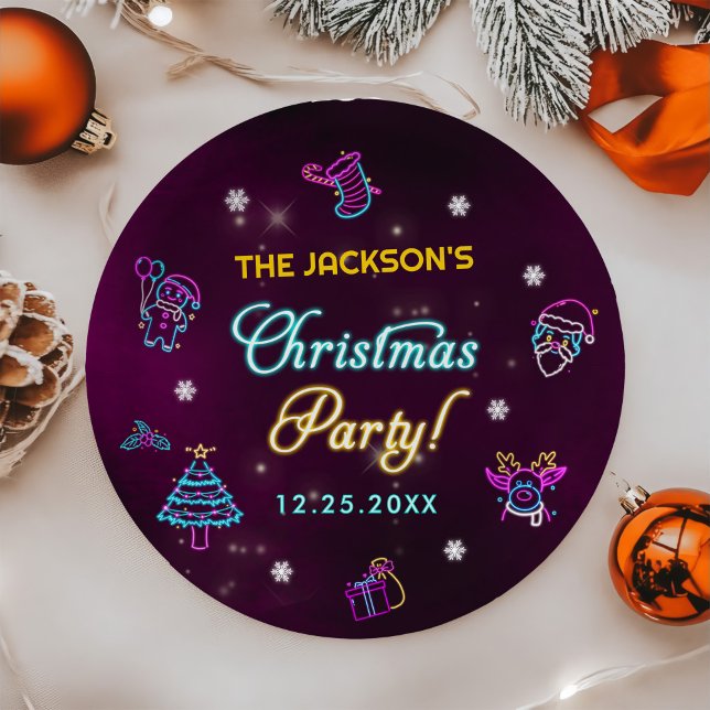 Prato De Papel Purple Neon Modern Festa de Natal (Criador carregado)