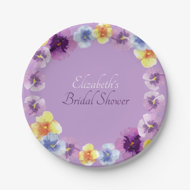 Prato De Papel Purple Pansies Garden Party Boho Bridal Shower (Frente)