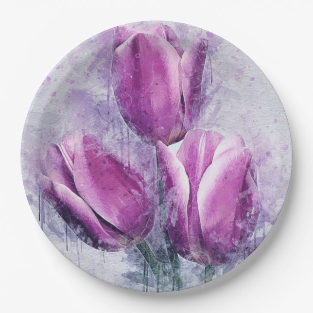 Prato De Papel Purple Tulips Paper Plates (Frente)