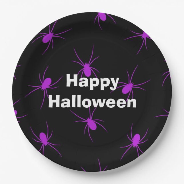 Prato De Papel Púrpura Aranha Feliz Festa de Halloween (Frente)