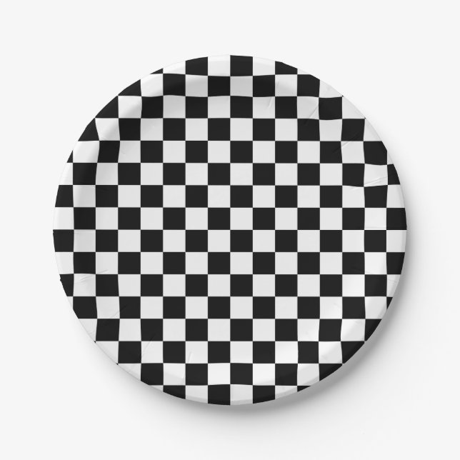 Prato De Papel Quadrados Checkered preto e branco (Frente)