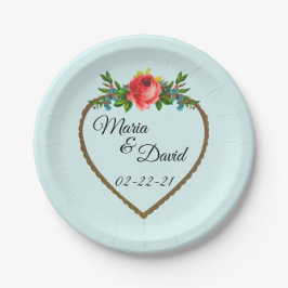 Prato De Papel Quadro de Coração com Rosa de Aquarela