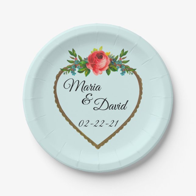 Prato De Papel Quadro de Coração com Rosa de Aquarela (Frente)