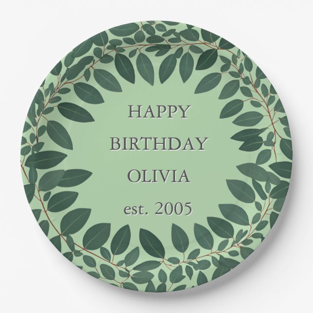 Prato De Papel Quadro de eucalipto de texto personalizado - verde (Frente)