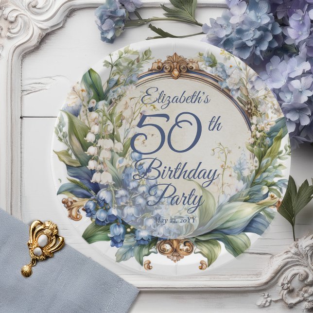 Prato De Papel Quadro Floral Barroco Elegante 50ª Festa de aniver (Elegant Baroque Lily of the Valley and Hawthorn Floral Frame 50th Birthday Party Paper Plates)