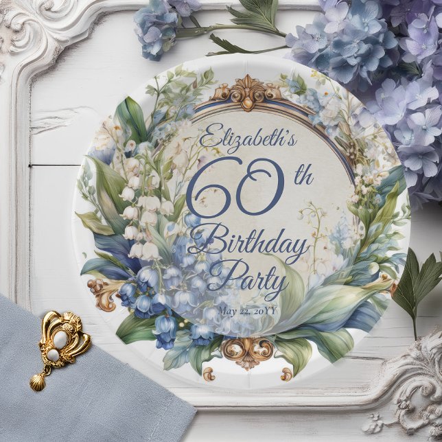 Prato De Papel Quadro Floral Barroco Elegante 60ª Festa de aniver (Elegant Baroque Lily of the Valley and Hawthorn Floral Frame 60th Birthday Party Paper Plates)
