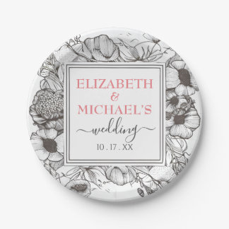 Prato De Papel Quadro Quadrado de Casamento Floral Branco Preto V