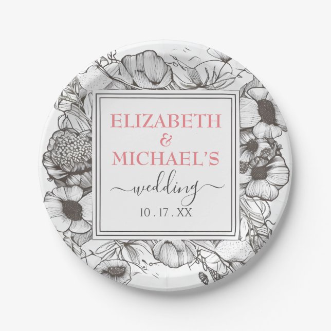 Prato De Papel Quadro Quadrado de Casamento Floral Branco Preto V (Frente)