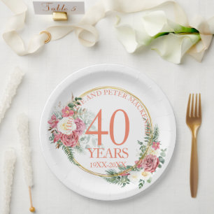 Prato De Papel Qualquer Aniversário de Rosas Blush de Casamento