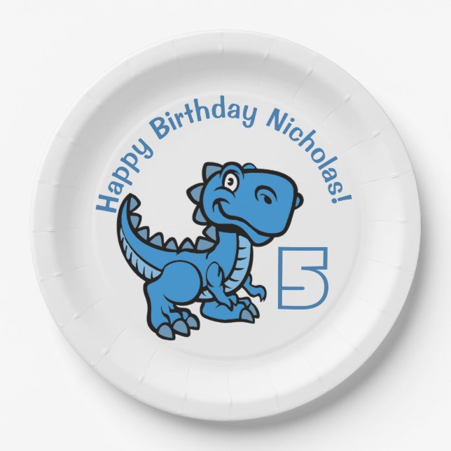 Prato De Papel Qualquer Dinossauro Azul T Rex Idade Aniversário (Frente)