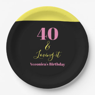 Prato De Papel Quarenta e Adorando 40º Aniversário Amarelo Preto
