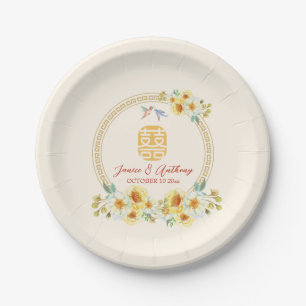 Prato De Papel Quartel de casamento chinês, amarelo pássaro flora
