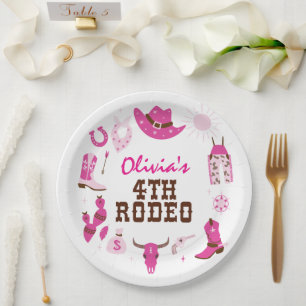 Prato De Papel Quarto Rodeio Rosa Ocidental Cowboy 4º Aniversário