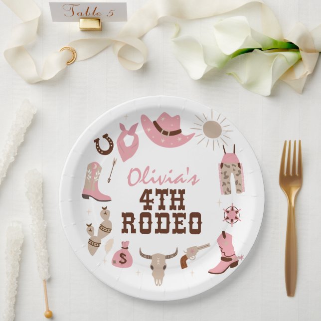 Prato De Papel Quarto Rodeo Rosa Vogal Ocidental 4º Aniversário (Casamento)
