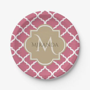 Prato De Papel Quatrefoil Rosa com Monograma e Nome Girly