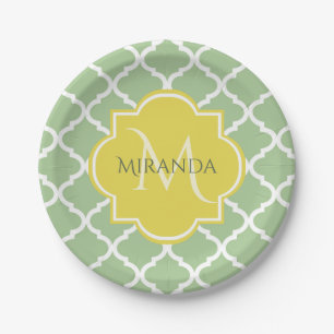 Prato De Papel Quatrefoil Verde Chic Pastel Nome Amarelo Monogram