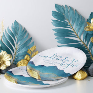 Prato De Papel Que A Aventura Comece Um Casamento Dourado Azul De