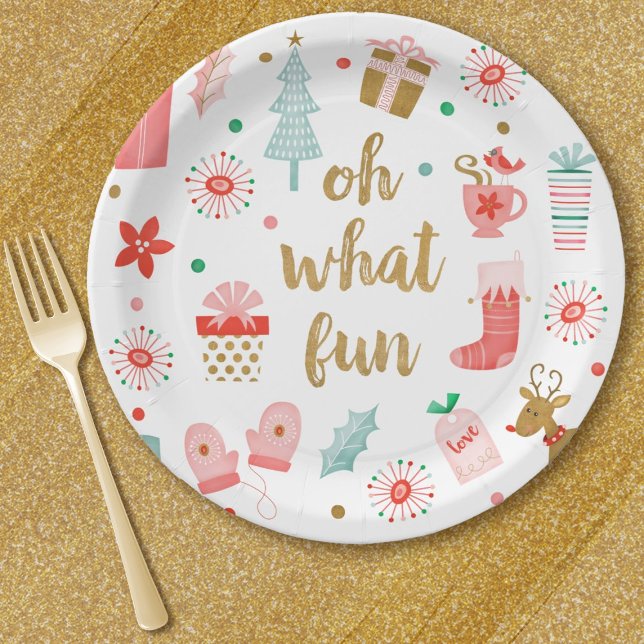 Prato De Papel Que festa de Natal divertida (A fun and whimsical Christmas party paper plate with the words, Oh What Fun)