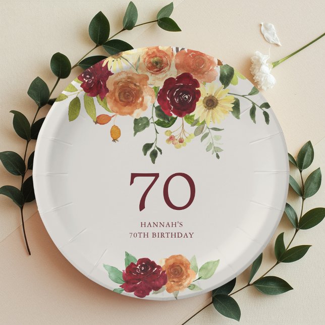 Prato De Papel Queda Elegante | Autumn Floral 70 Birthday (Criador carregado)