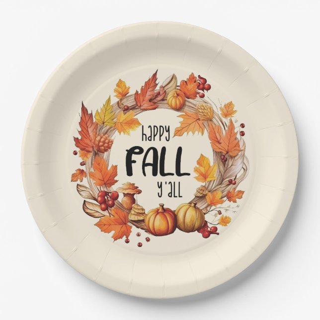 Prato De Papel Queda Feliz - Pumpkin e Autumn Leaves Wreath (Frente)