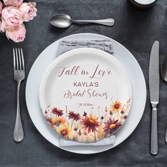 Prato De Papel Queda no chá de panela de dahlias laranja burgundy (Fall in love bridal shower tableware burgundy dahlias sunflowers personalized paper plates autumn)