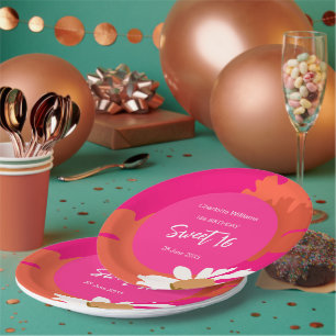 Prato De Papel Quente Rosa e Laranja Floral Sessenta Festas de an