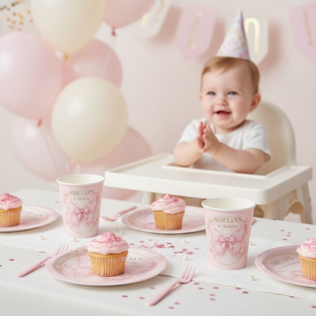 Prato De Papel Querida Borboleta Rosa Menina de 1º Aniversário (Criador carregado)