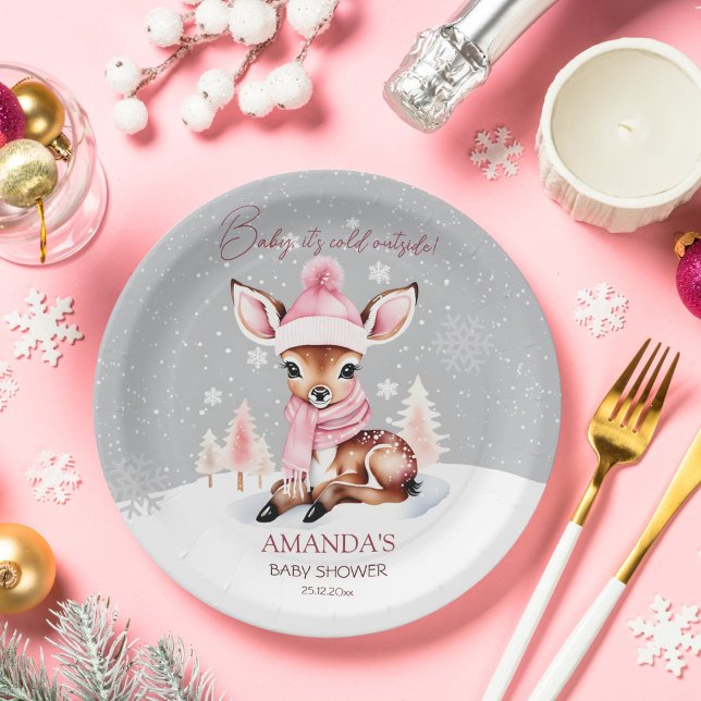 Prato De Papel Querida, está frio lá fora, chá de fraldas de vead (Baby it's cold outside girl deer baby shower tableware personalized party plates cute deer in hat)