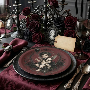 Prato De Papel Querubim Gótico Rosa Negra Romance Sombrio