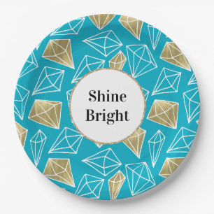 Prato De Papel Quic Turquoise Aqua Dourado Diamantes Gliters aniv