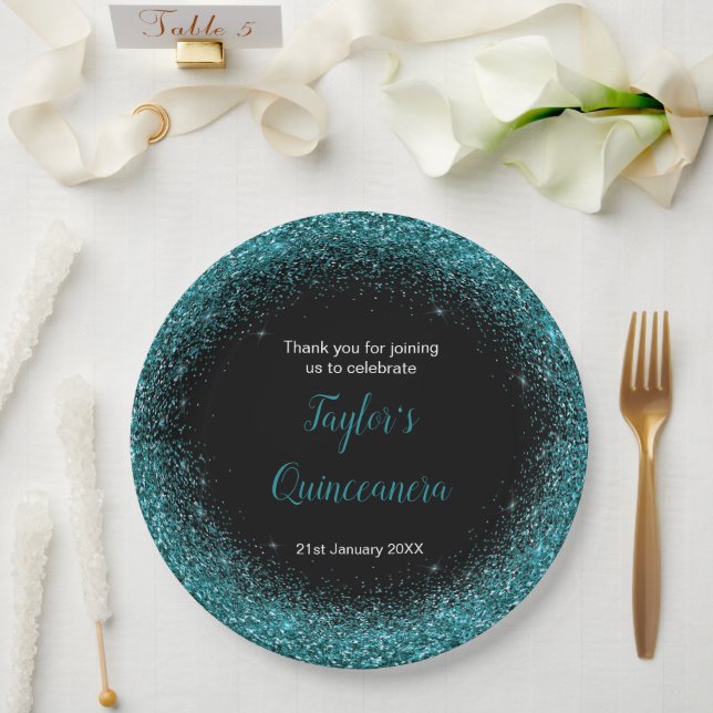 Prato De Papel Quinceanera Blue Teal Faux Glitter (Casamento)