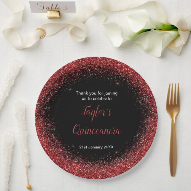 Prato De Papel Quinceanera Bright Red Faux Glitter (Casamento)